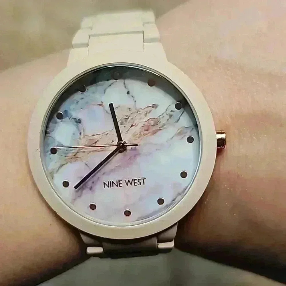 Nine West Pink and Marble Link Bracelet Watch with Rose Gold Features